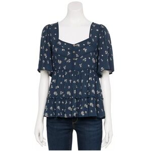 Rewind Navy Floral Babydoll Square-Neck Top